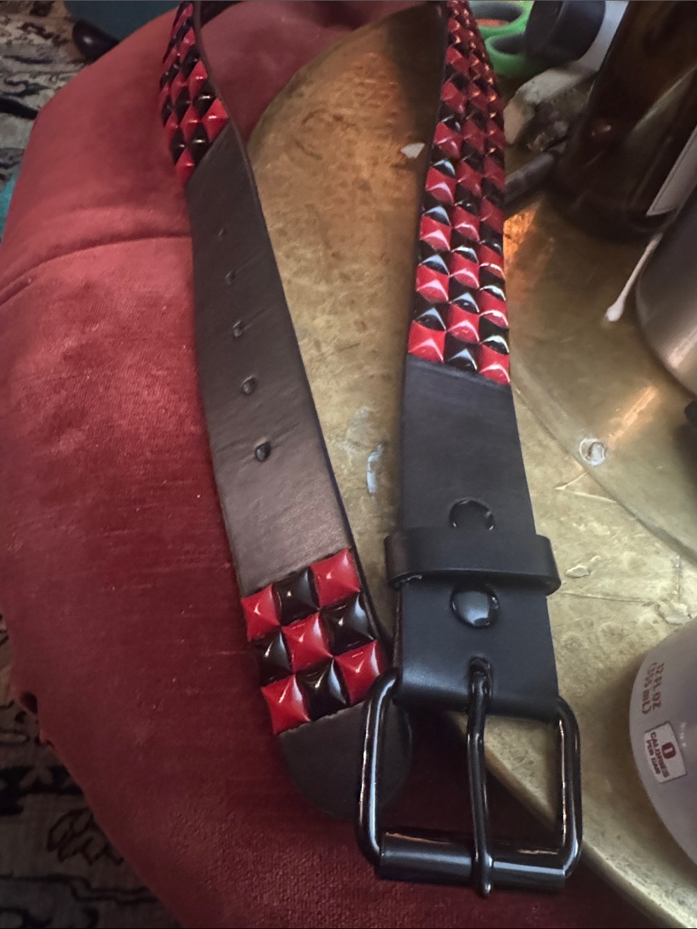 Source Unknown Black faux Leather Belt with Red and Black Pyramid Studs